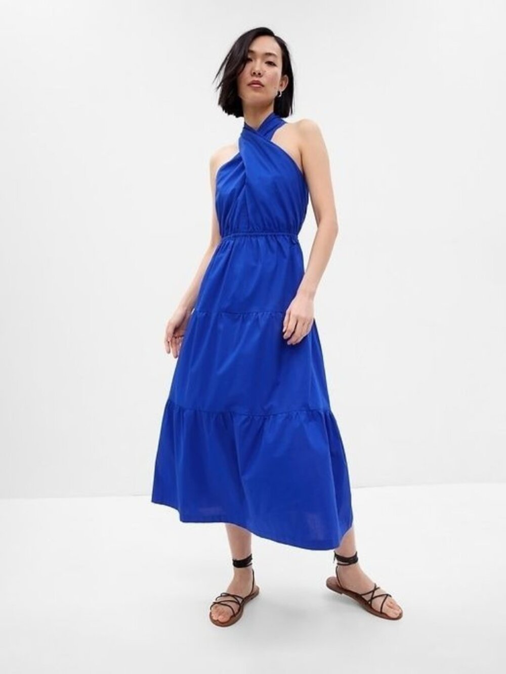 Gap Tiered Halter Maxi Dress Mosaic Blue Criss Cross Neckline Sleeveless XS NEW